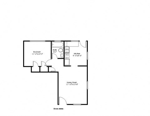 Floor plan for 1 bed, 1 bath, 528 sqft